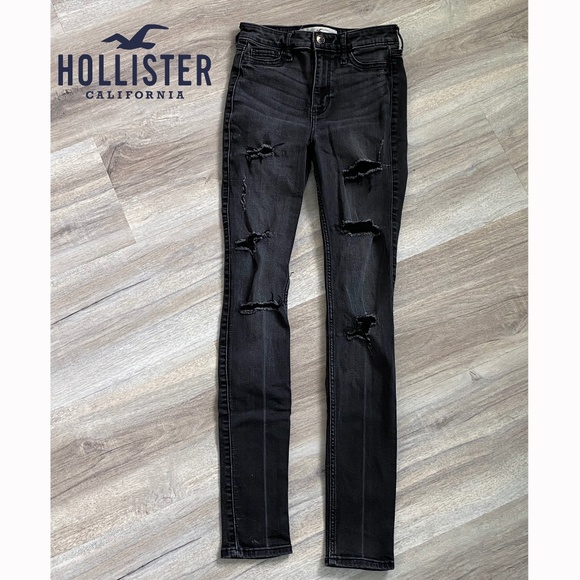 0R Hollister High Rise Super Skinny Black jeans Distressed W24 L30 - Picture 1 of 5